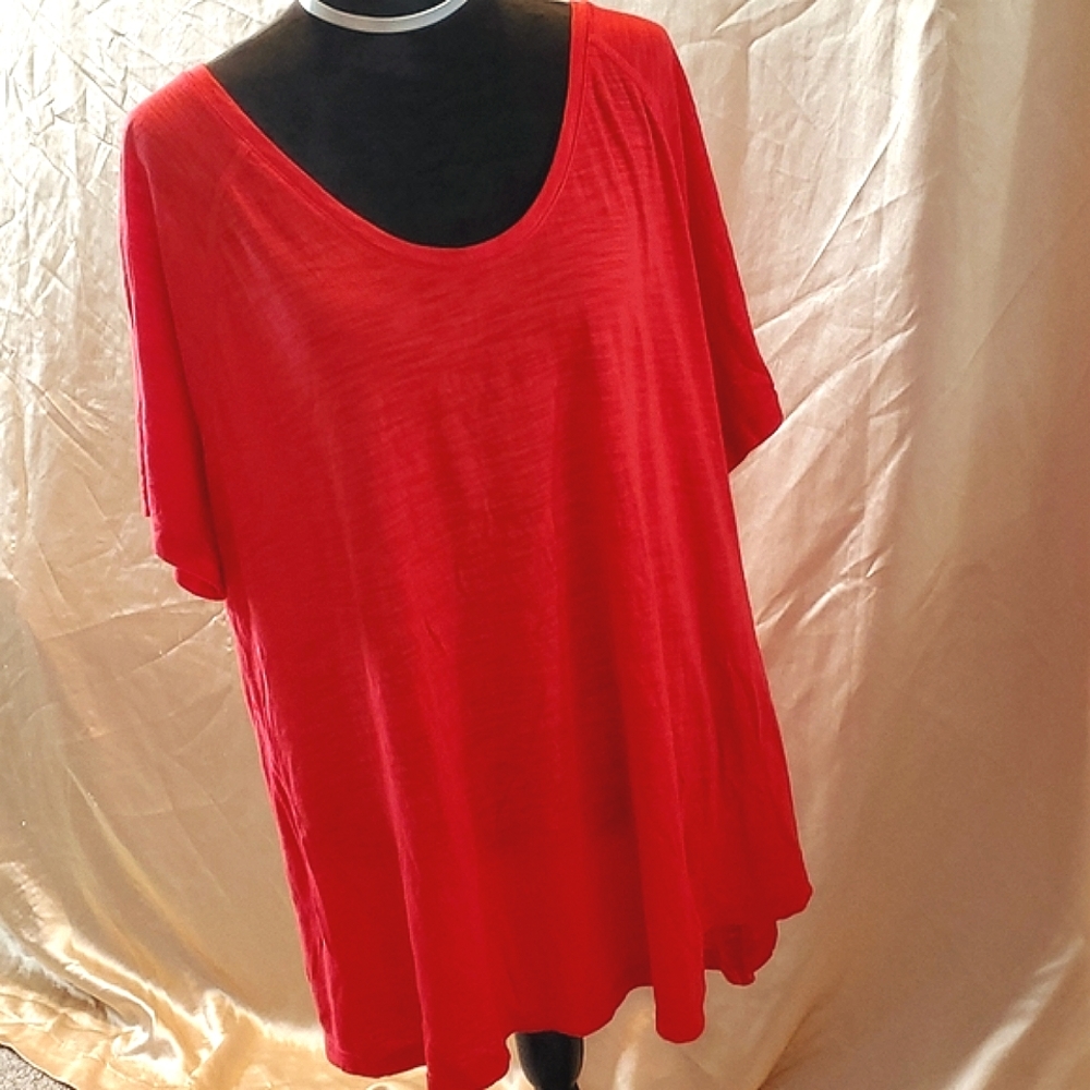 Red Heathered Scoop Neck Top with Accent Stitching 2X